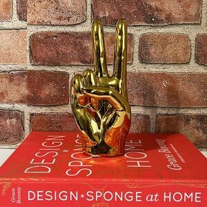 Ceramic Peace Sign Hand Sculpture Figurine Metallic Gold Tone BOHO Decor